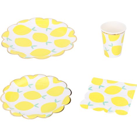 Ensemble de vaisselle jetable citron pour mariage et fête, assiettes, gobelets, serviettes (1/5)