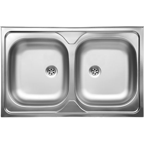 Fregadero metálico superpuesto de dos cubetas de 50x80 cm con sifón Kuchinox. (1/3)