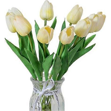 Lot de 10 fleurs artificielles avec tige, réalistes, pour mariage, maison ou bureau, centre de table, tulipes, fausses branches, composition florale.jaune clair (1/5)