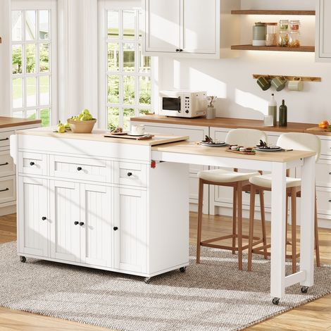 Îlot de cuisine sur roulettes, îlot de cuisine extensible avec coin repas, étagère à épices et tiroirs, îlot de cuisine mobile et autoportant, idéal pour la cuisine et la salle à manger (blanc) (1/4)