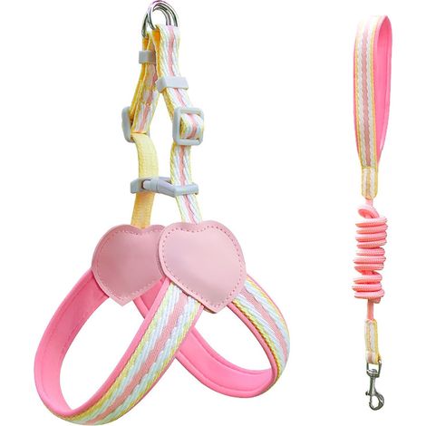 Ensemble harnais et laisse rose pour chien taille M, gilet en maille respirante ajustable avec sangles en nylon renforcées. (1/5)