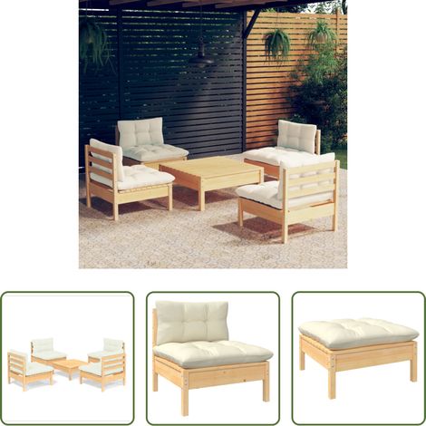 Terrassenmöbel - 5-tlg. Garten-Lounge-Set mit Creme Kissen Kiefernholz (1/5)