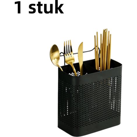 article - Égouttoir à couverts - Double compartiment - Porte-baguettes - Grand - Boîte de rangement pour couverts - Étagère de cuisine - Grand - Noir (1/5)