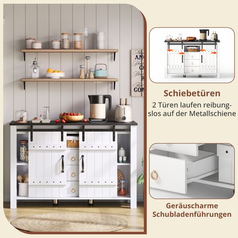 Buffet rustique 120 cm, armoire latérale à portes coulissantes et 3 tiroirs, meuble de rangement en bois blanc pour cuisine, salle à manger ou salon, table bar à café.