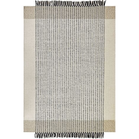 Tapis Beige et Noir en Laine 160 x 230 cm Fait Main à Franges Décoratives Divarli