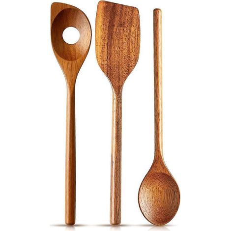 Cuillères de cuisine en bois, lot de 3, ustensiles de cuisine, bois, durables, pour différentes préparations culinaires (1/5)