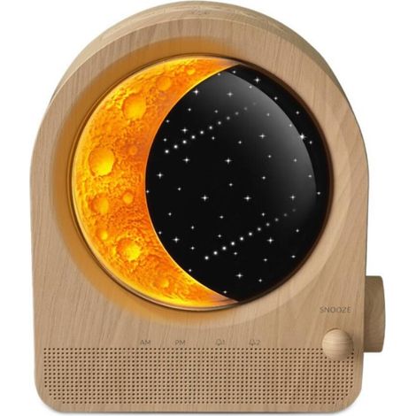 Lampe de Lune avec Réveil Lumineux,lampe de chevet avec 3 niveaux de luminosité, Lampe de réveil avec réveil lumière du jour,10 sons de la nature pour l'ambiance de la chambre à coucher [Classe énergé