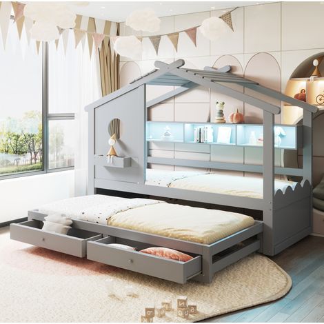 Cama infantil 90x200 cm con cama nido 90x190 cm, 2 cajones y LED, de madera, gris, sin colchón (1/5)