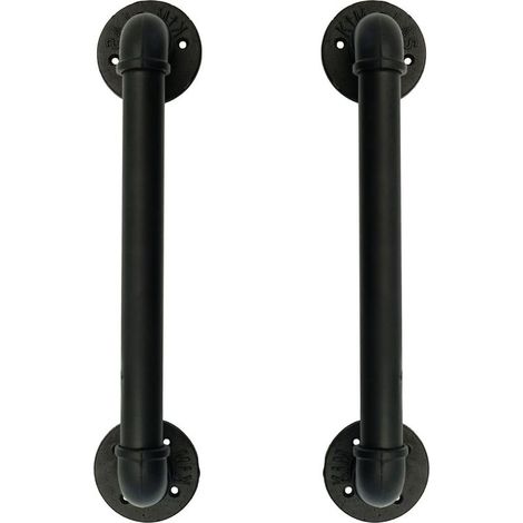 Lot de 2 poignées de porte de tuyau industriel Barre d'appui Poignées de porte de grange , Fonte rustique antique pour main courante Noir , 50 cm de long L (32D, 45L) - RW (1/5)