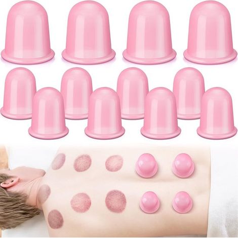 Juego de 12 ventosas de silicona (2 tamaños) para masajes, reducción de celulitis y alivio del dolor (rosa). (1/5)