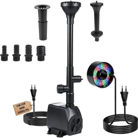 Teichpumpe – Gartenbrunnenpumpe – 3000 l/h – Wasserpumpe – 65 W – Aquariumpumpe – Brunnenpumpe mit 30 farbigen Lichtern – 4 Düsen – 3 m Kabel – 3 Pumpenköpfe – Für Teiche (1/5)