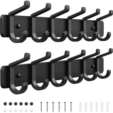 Lot de 2 patères murales à 6 crochets, patères en métal, porte-manteau mural pour vestes, sacs, chapeaux, écharpes, barre de suspension pour chambre, dressing, salle de bain, cuisine (Noir) (1/5)