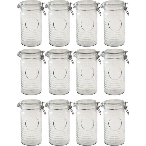 Lot de 12 bocaux hermétiques en verre - JUANIO - Modèle standard - Capacité env. 1 L - Couvercle à clip - Hauteur 20,3 x Ø10,2 cm (1/5)