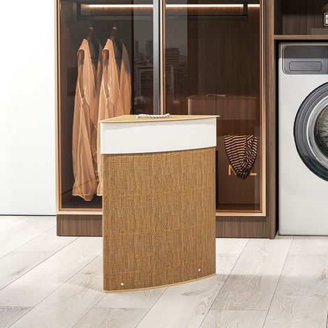 Panier linge angle bambou 55L, bac lessive avec sac amovible et couvercle amovible, 35x35x60 cm, marron (1/5)