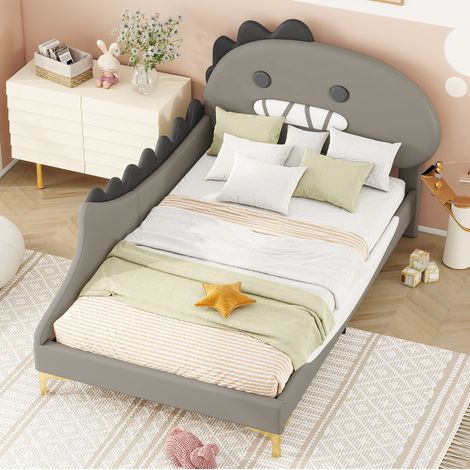 DESVIAE Lit enfant dinosaure cartoon 90 x 200 cm avec tête de lit en PU et MDF gris design ludique pour chambre d enfant (1/5)