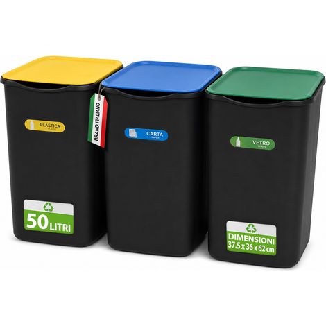 Set 3 Pattumiere 37,5x36x62 cm Bidoni Raccolta Differenziata Spazzatura Capienza da 50 L in Plastica Nero (1/4)