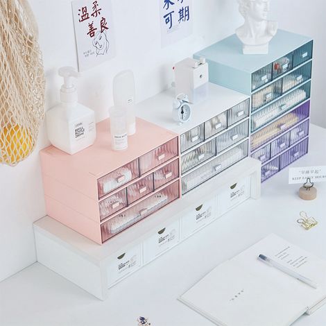 Organisateur de bureau à tiroir - Tiroirs plastique waterproof modulables DIY - Boîte de rangement stackable couleur rose rayé - Lot 1 tiroir (1/4)