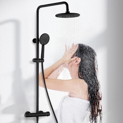 Schwarz Duschsystem Duschset Duschgarnitur 3 Strahlarten mit Thermostat DE