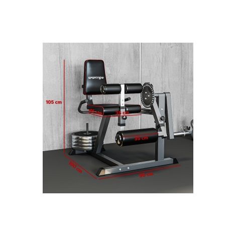 Machine de musculation noire en acier pour extensions et flexions des jambes avec charge à disques et réglages pour salle et maison (1/5)