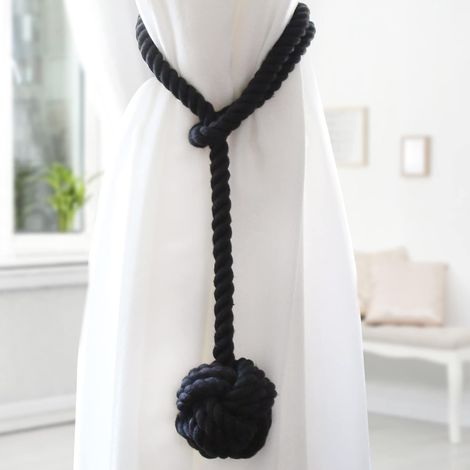 Lot de 2 embrasses de Rideaux avec Grande Boule tissée en Coton tissé à la Main pour Rideaux d'extérieur (Noir, 2)