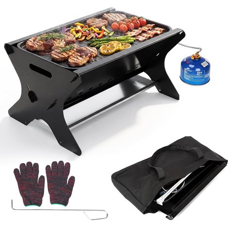 Barbecue à gaz portable avec système d'emboîtement, fonctionne au gaz et au charbon de bois - Avec plaque de cuisson en fonte, sac de transport, barbecue à gaz mobile, parfait pour le camping (1/5)