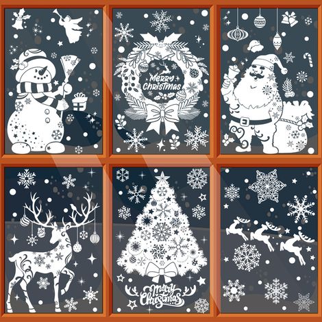 Autocollants de Noël, stickers pour fenêtres, sapin blanc avec le Père Noël, cloches, traîneau, bonhomme de neige, renne, flocons de neige, autocollants électrostatiques