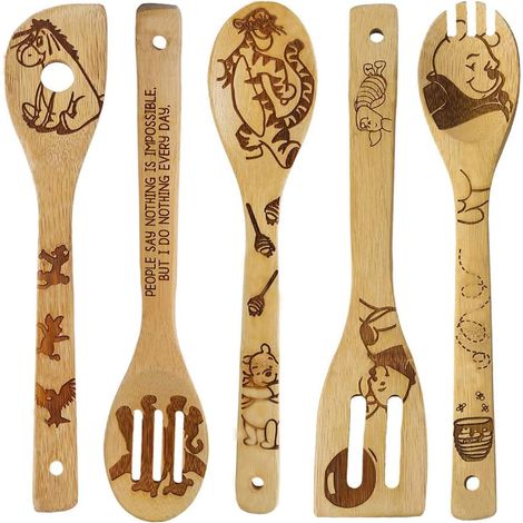 Lot de 5 Cuillères en Bois - Design Ours Gravé - Ustensiles Cuisine Pratiques - Idée Cadeau Maison - Naturel (1/5)