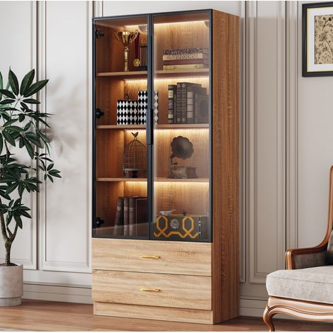 Armario de baño 75 cm marrón en MDF con puertas, cajones, estantes abiertos, vidrio templado e iluminación (1/5)
