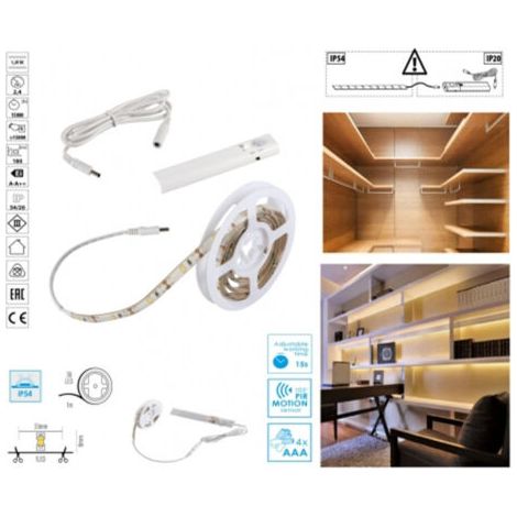 Détecteur De Mouvement Kit De Bandes De Leds Blanc Chaud 3000k 2.4w 180lm Fonctionnant Sur Batterie