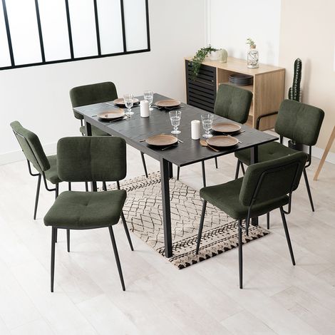 MEUBLES COSY Un ensemble de salle à manger et de chaises sept pièces, comprenant une table à manger rétractable et six chaises de salle à manger en microfibre verte. (1/5)