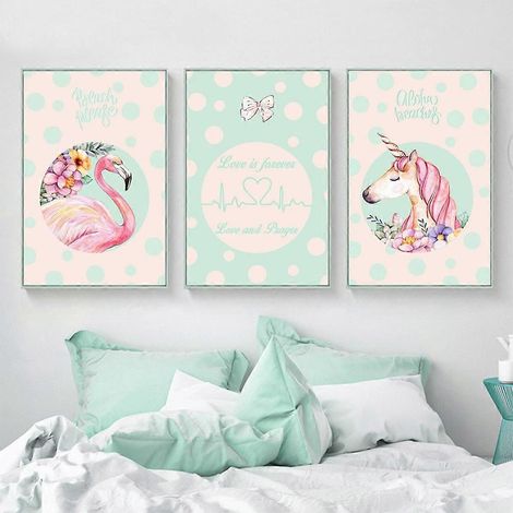 Affiche murale sur toile Licornes et Flamants roses, style simple et élégant, idéale pour le salon, la chambre, le bureau et la chambre d'enfant. (1/5)