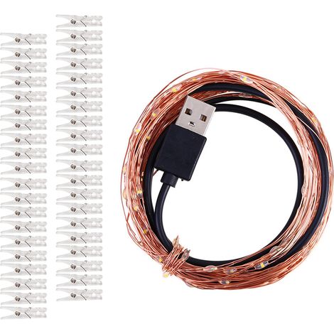 Guirnalda de luces de 10 metros con clips para fotos, 100 LED blancos cálidos, para bodas, dormitorios, USB. (1/5)