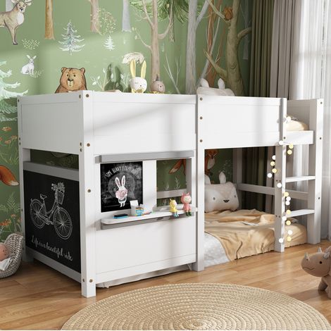 Hausbett Kinderbett aus Massivholz 90x200 cm weiß, skandinavischer Stil, mit Tafel, Ablage und 3-stufiger Treppe (1/5)