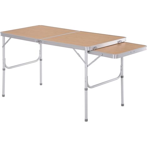 Table pliante de camping et jardin avec rallonge, hauteur réglable, aluminium et MDF imitation bambou. (1/5)