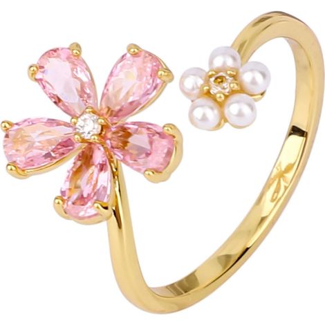 Delicato anello a fiore in oro per donna, anello aperto regolabile e scintillante con margherita rosa in zirconi cubici, eleganti anelli di fidanzamento e promessa, anello avvolgente con perla, gioiel (1/5)