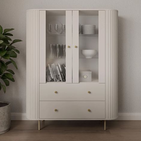 AX LIVING Vitrine Halay Beige, 2 Türen & 2 Schubladen Moderne Rillenstruktur, mit runden Kanten