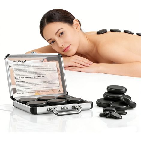 Ensemble de massage aux pierres chaudes 12 pièces, basalte naturel, 4 tailles, double mode de chauffage, kit portable pour la maison ou un salon, cadeau détente musculaire (1/5)