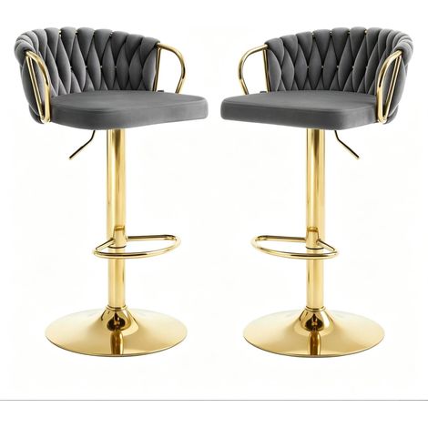 Lot de 2 tabourets de bar réglables en velours gris foncé avec dossier et repose-pieds (1/5)