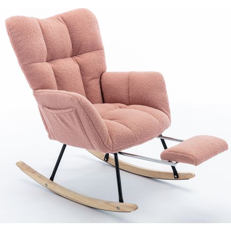 Fauteuil à bascule rembourré en tissu teddy rose avec repose-pieds extensible (1/5)