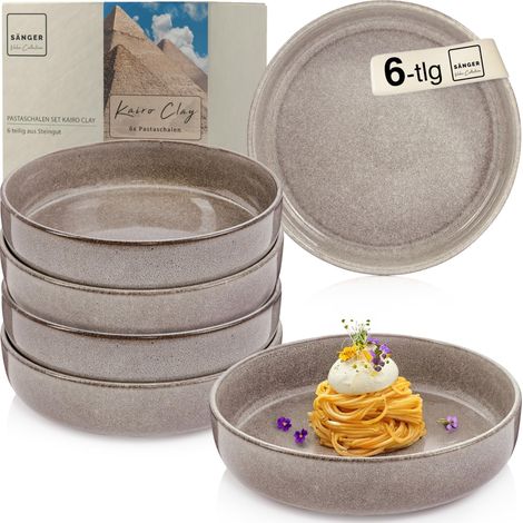 Lot de 6 bols à pâtes en grès - Passe au lave-vaisselle et au micro-ondes - Résistant aux rayures - Grand bol multifonction - Gris - 800 ml (1/5)