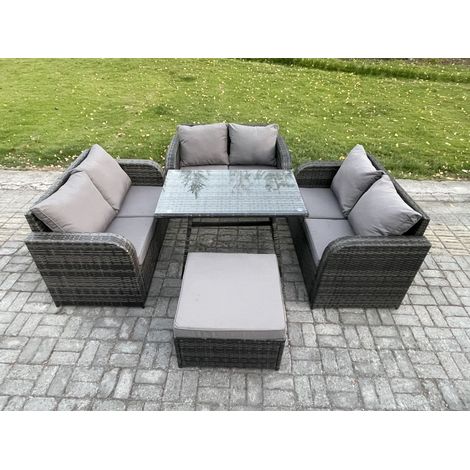 Fimous Polyrattan Gartenmöbel Set 7-Sitzer Gartensofa Set mit Rechteckiger Esstisch 2 Großer Hockern Dunkelgrau Gemischt (1/5)