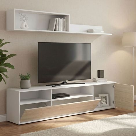 Dmora - Parete attrezzata Gabberi, Composizione soggiorno, Mobile salotto multiuso, Armadio porta TV, 180x35 h44 cm, Bianco e Rovere (1/4)