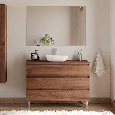 Meuble de salle de bain 120cm avec plateau et vasque à poser arrondie - 3 tiroirs - noyer (bois foncé) - MAYOR (1/5)