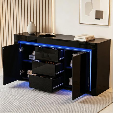 Credenza 140x40x65 cm in MDF nero con LED e contenitore per soggiorno e ufficio, FLORAGRACE (1/5)