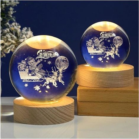 Boule cristal Noël 8 cm LED 4D gravure laser galaxie lune, veilleuse décoration cadeau enfant (1/5)