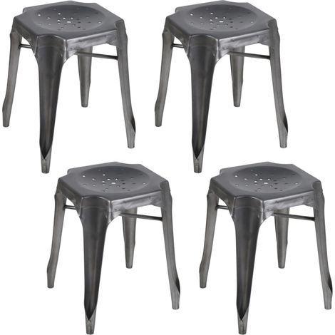 Lot 4 tabourets vintages empilables en métal gris vieilli - METALICA (1/5)