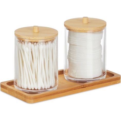 Relaxdays Pots à cotons-tiges avec tablette, 2 récipients avec couvercles, plastique / bambou, transparent - nature (1/5)
