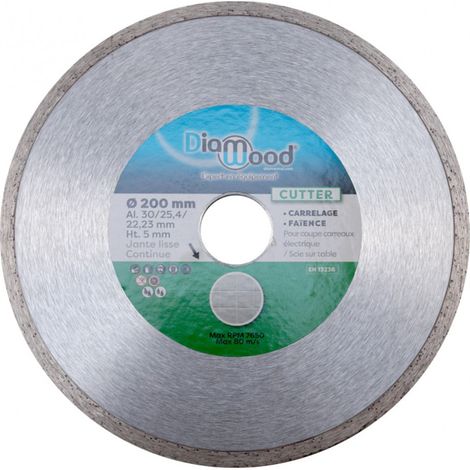 Diamwood – Disque diamant 200 mm – Alésage 30/25,4/22,23 mm – Jante continue 5 mm – Coupe nette carrelage et faïence – Utilisation à sec ou à eau