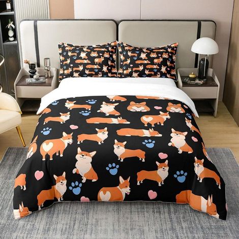 Bettwäsche-Set 200x200cm mit Corgi-Motiv, 100% Baumwolle, 2 Kissenbezüge 80x80cm