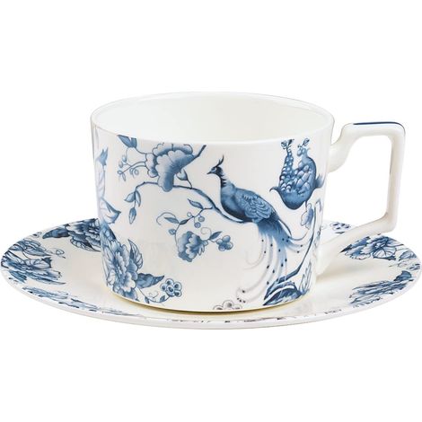 250ml Bone China Tasse à Thé et Soucoupe Set pour 1, Tasse à Café Bleue et Blanche avec Assiette Set, Les Fleurs Britanniques Porcelaine Tasse à Thé pour Femmes FKT0525C (1/5)